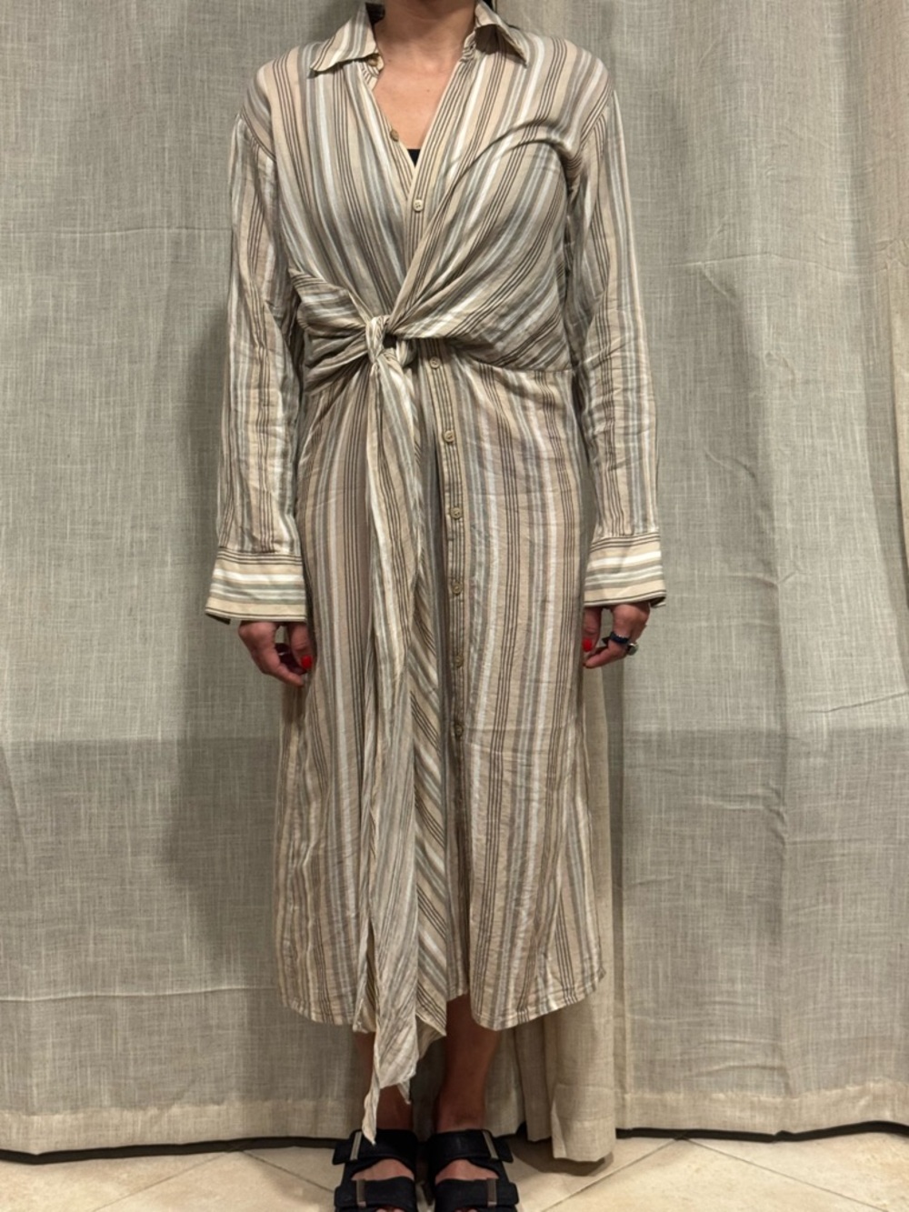 Acne Studios asymmetrical Striped Tie-Waist Shirt Dress - Neutral Stripes - Picture 2 of 7